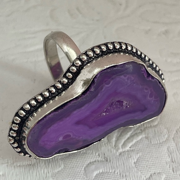 Sterling Silver .925 Purple Agate Geode Druzy Slice Statement Ring 13.1g Size 8 - Picture 5 of 10